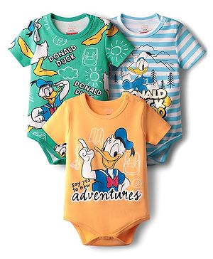 Babyhug Disney Interlock Knit Half Sleeves Onesies With Donald Duck Graphics Pack of 3 - Green Peach & Light Blue