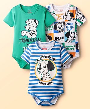 Babyhug Disney Interlock Knit Half Sleeves Onesies With 101 Dalmatians Graphics Pack of 3 - Green Blue & White
