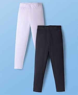 Pine Kids Cotton Knit Full Length Solid Colour Leggings Pack Of 2 - Black & White