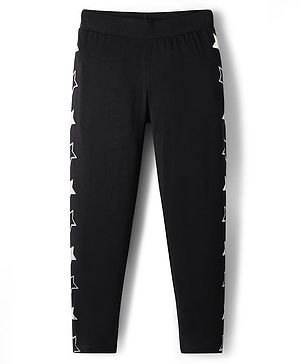 Pine Kids Cotton Knit Full Length Leggings With Star Print - Black