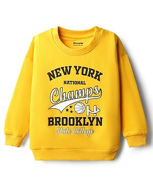 Honeyhap Premium  100% Cotton Knit Full Sleeves Pullover Sweatshirt with Bio Finish & Text Print - Old Gold