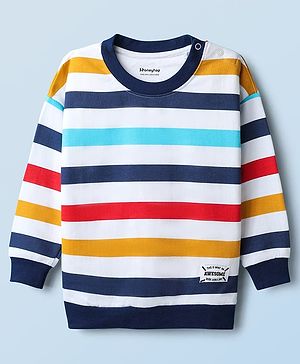Honeyhap Premium  100% Cotton Knit Full Sleeves Pullover Sweatshirt with Bio Finish & Stripes - Bright White Navy Peony High Risk Red & Golden Orange