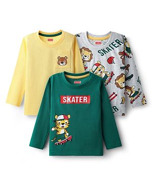 Babyhug 100% Cotton Knit  Full Sleeves T-Shirt with Animal Print Pack of 3 - Dark Green Yellow & Grey