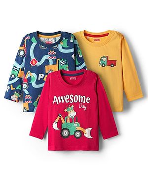 Babyhug 100% Cotton Knit Full Sleeves T-Shirt With Awsome Text & Vehicle Print Pack Of 3 - Red Navy Blue & Yellow