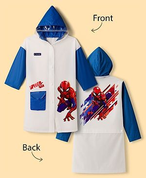 Pine Kids Marvel Full Sleeves Hooded Raincoat with Front & Back Spiderman Graphics - White