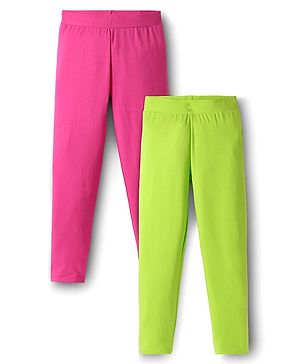 Pine Kids Cotton Knit Full Length Solid Colour Leggings Pack Of 2 - Pink & Lime Green
