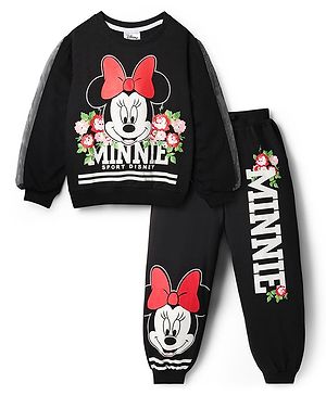 Pine Kids Disney Terry Knit Full Sleeves Co-ord Sweatshirt & Joggers With Minnie Mouse Graphics & Mesh Detailing - Black