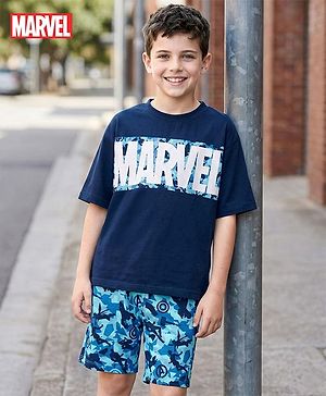 Pine Kids Marvel Single Jersey Knit Drop Shoulder Half Sleeves T-Shirt & Shorts Set with Avengers Graphics & Camouflage Print - Blue
