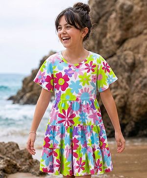 Pine Kids 100% Cotton Half Sleeves Floral Printed Tiered Dress - Multi Colour