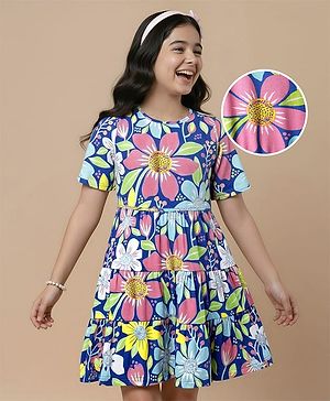 Pine Kids 100% Cotton Half Sleeves Floral Printed Tiered Dress - Blue