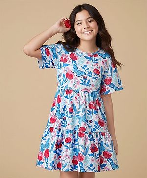 Pine Kids 100% Cotton Half Sleeves Floral & Butterfly Printed Tiered Dress - Multi Colour