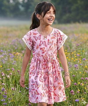 Pine Kids Cotton Knit Half Sleeves Frock With Butterfly Print - Pink