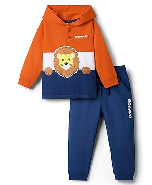 Babyhug Terry Knit Full Sleeves Hooded T-Shirt & Lounge Pant Set With Lion Patch - Orange & Navy Blue