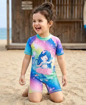 ROVARS Half Raglan Sleeves Legged Swimsuit
                      with Unicorn Print - Multicolor