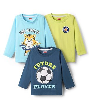 Babyhug 100% Cotton Knit Full Sleeves T-Shirt With Animal Print Pack Of 3 - Light Blue Navy Blue & Limegreen