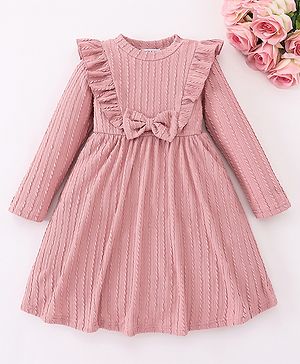 Mark & Mia Full Sleeves Winter Frock with Frill Detailing & Bow - Pink