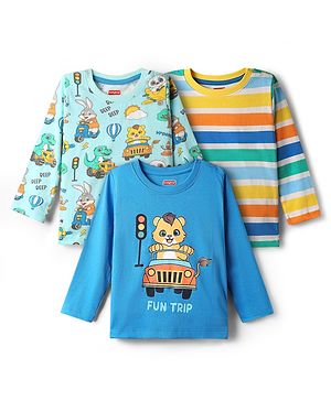 Babyhug 100% Cotton Knit  Full Sleeves T-Shirts with Stripes & Animal Print Pack of 3 - Light Blue & Blue