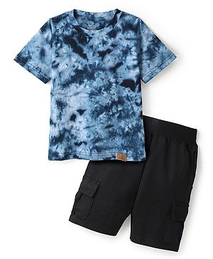 Funkrafts Premium Cotton Knitted Half Sleeves Tie Dye Tee & Shorts Set - Blue & Black