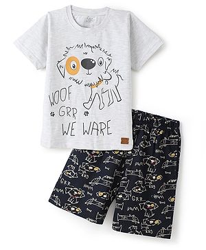 Funkrafts Premium Cotton Knitted Half Sleeves Puppy Printed Tee & Shorts Set - Black & Grey