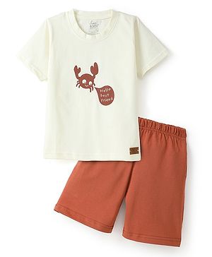Funkrafts Premium Cotton Knitted Half Sleeves Hello Best Friend Text Printed Tee & Shorts Set - Brown & Off White