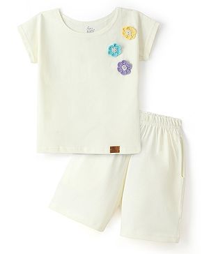 Funkrafts Premium Cotton Knitted Half Sleeves Floral Applique Detailed Tee & Shorts Set - Off White
