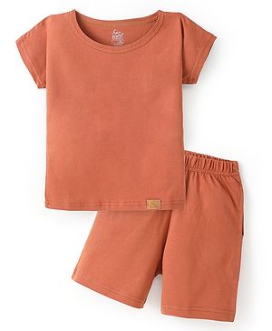 Funkrafts Premium Cotton Knitted Half Sleeves Solid Tee & Coordinating Shorts Set - Brown