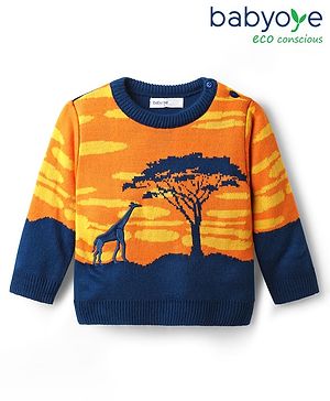 Babyoye Knitted Full Sleeves Pullover Sweater With Giraffe Embroidery - Orange & Navy Blue