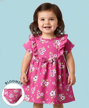 Babyhug Cotton Knit Half Sleeves Frock With Bloomer  Floral Print with Bow Applique & Frill Detailing - Pink