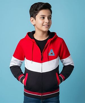 Pine Kids Cotton Knit Full Sleeves Cut & Sew Hooded SweatJacket with Patch Detailing - Multicolor