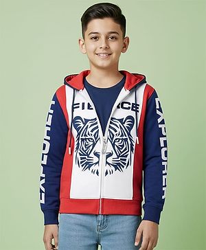 Pine Kids Cotton Knit Full Sleeves Hooded Sweatjacket With Tiger Print - Multicolor