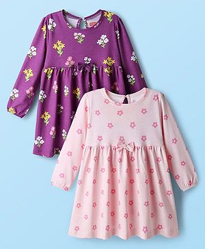 Babyhug Single Jersey Knit Full Sleeves Frock With Floral Print & Bow Applique Pack Of 2 - Purple & Pink