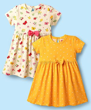 Babyhug Single Jersey Knit Half Sleeves Polka Dot & Butterfly Printed Frocks With Bow Applique Pack of 2 - Yellow & Cream
