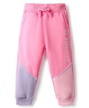 Babyhug Terry Full Length Lounge Pants with Pockets & Be Awesome Text Print - Pink