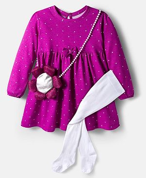 Babyhug Single Jersey Knit Full Sleeves Polka Dots Printed Frock With Leggings & Floral Sling Bag - Purple