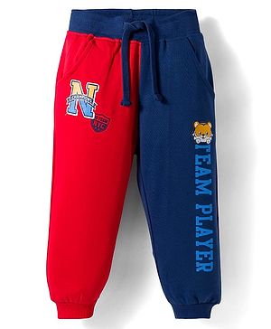Babyhug Terry Knit Full Length Lounge Pant with Text Print - Red & Navy Blue