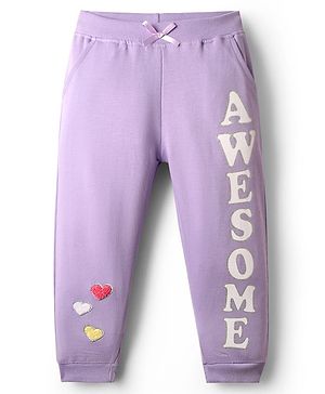 Babyhug Terry Knit Full Length Lounge Pant with Text Print & Heart Embroidery - Lavender