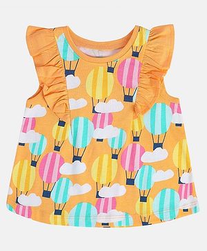 MINI KLUB Cotton Knit Sleeveless Hot Air Balloon Printed Frill Detailed Top - Orange