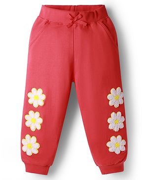 Babyhug Terry Knit Full Length Lounge Pant with Floral Embroidery - Red