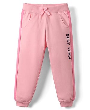 Babyhug Terry Knit Full Length Lounge Pant With Text Print - Pink
