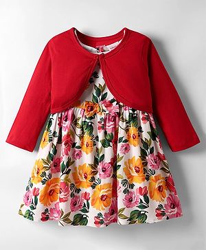 Babyhug Cotton Knit Frock & Full Sleeves Shrug With Floral Print & Bow Applique - White & Red