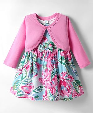 Babyhug 100% Cotton Full Sleeves Jacket With Floral Printed Frock with Bow Applique - Pink