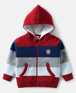 Babyhug Knit Full Sleeves Front Open Hooded Sweater With Kangaroo Pockets & Stripes - Red