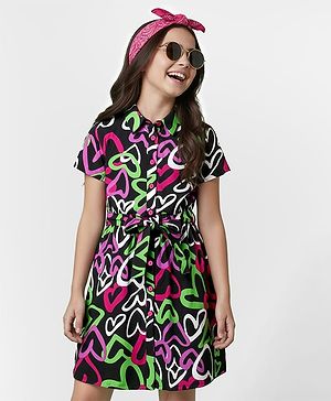 Pine Kids Rayon Woven Half Sleeves Shirt Dress With Heart Print - Black