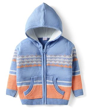 Babyhug Knit Full Sleeves Hooded Sweater With Abstract Design & Kangaroo Pockets - Multicolour