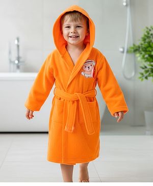 Babyhug Terry Cotton Knit Full Sleeves  Bathrobe with Hood & Bear Embroidery - Orange
