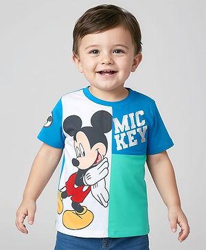 Babyhug Disney Single Jersey Knit Half Sleeves Cut & Sew T-Shirt with Mickey Mouse Graphics - Multicolor