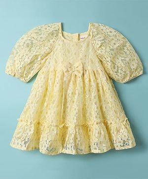 Babyhug 100% Cotton Half Raglan Sleeves Frock With Floral Design & Bow Applique - Yellow