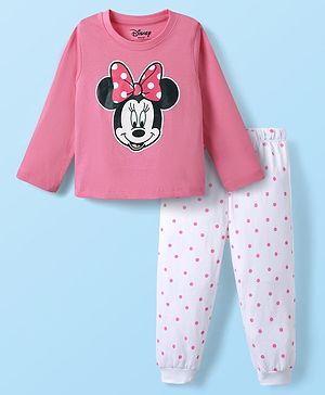Babyhug Disney Single Jersey Knit Full Sleeves Night Suit with Minnie Mouse Graphic - Pink