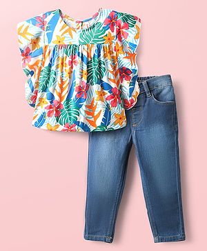 Babyhug Rayon Knit Flutter Sleeves Top & Denim Jeans Set With Floral & Leaf Print - White & Blue