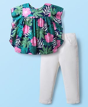 Babyhug Rayon Knit Flutter Sleeves Top & Denim Jeans Set With Floral & Leaf Print - Navy Blue & White